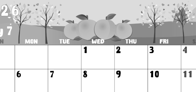 2026年7月横型モノクロの日曜始まり 桃イラストのかわいいA4無料白黒カレンダー(2026-00480700)