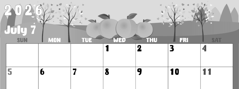 2026年7月横型モノクロの日曜始まり 桃イラストのかわいいA4無料白黒カレンダー(2026-00480700)