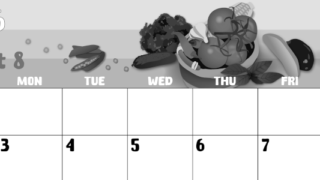 2026年8月横型モノクロの日曜始まり 野菜イラストのかわいいA4無料白黒カレンダー(2026-00480800)