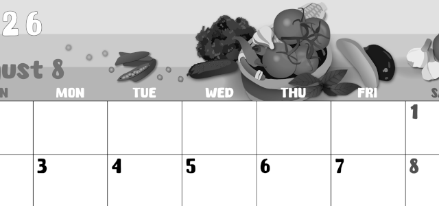 2026年8月横型モノクロの日曜始まり 野菜イラストのかわいいA4無料白黒カレンダー(2026-00480800)