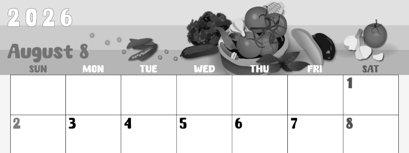 2026年8月横型モノクロの日曜始まり 野菜イラストのかわいいA4無料白黒カレンダー(2026-00480800)