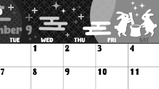 2026年9月横型モノクロの日曜始まり うさぎイラストのかわいいA4無料白黒カレンダー(2026-00480900)