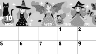 2026年10月横型モノクロの日曜始まり  ポップなイラストのかわいいA4無料白黒カレンダー(2026-00481000)