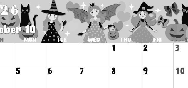 2026年10月横型モノクロの日曜始まり  ポップなイラストのかわいいA4無料白黒カレンダー(2026-00481000)