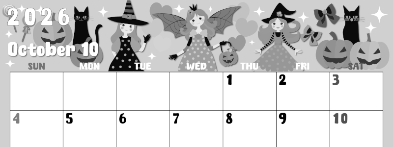 2026年10月横型モノクロの日曜始まり  ポップなイラストのかわいいA4無料白黒カレンダー(2026-00481000)