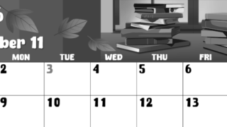 2026年11月横型モノクロの日曜始まり 本イラストのかわいいA4無料白黒カレンダー(2026-00481100)