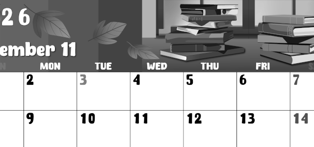 2026年11月横型モノクロの日曜始まり 本イラストのかわいいA4無料白黒カレンダー(2026-00481100)