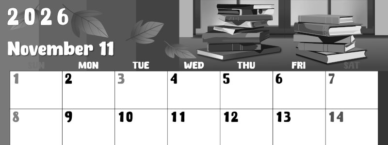 2026年11月横型モノクロの日曜始まり 本イラストのかわいいA4無料白黒カレンダー(2026-00481100)