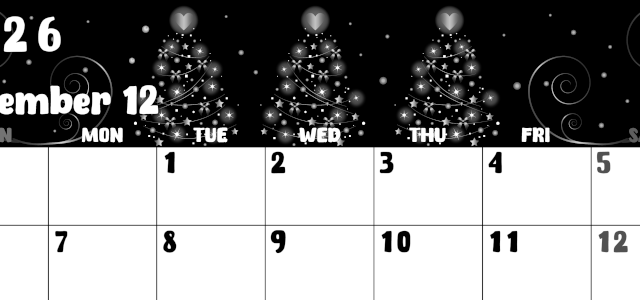 2026年12月横型モノクロの日曜始まり ツリーイラストのかわいいA4無料白黒カレンダー(2026-00481200)