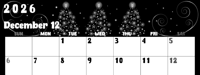 2026年12月横型モノクロの日曜始まり ツリーイラストのかわいいA4無料白黒カレンダー(2026-00481200)