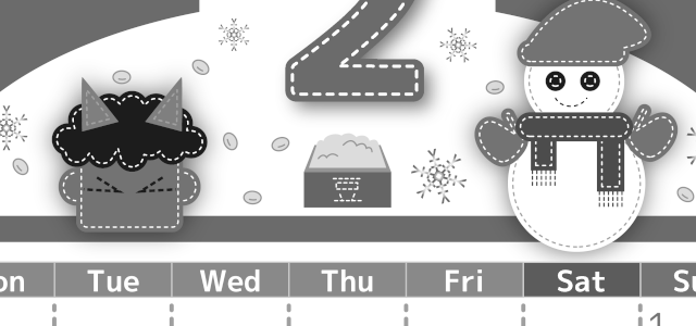 2026年2月縦型モノクロの月曜始まり イラストのかわいいA4無料白黒カレンダー(2026-00490211)