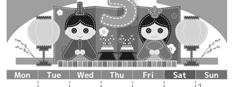 2026年3月縦型モノクロの月曜始まり イラストのかわいいA4無料白黒カレンダー(2026-00490311)