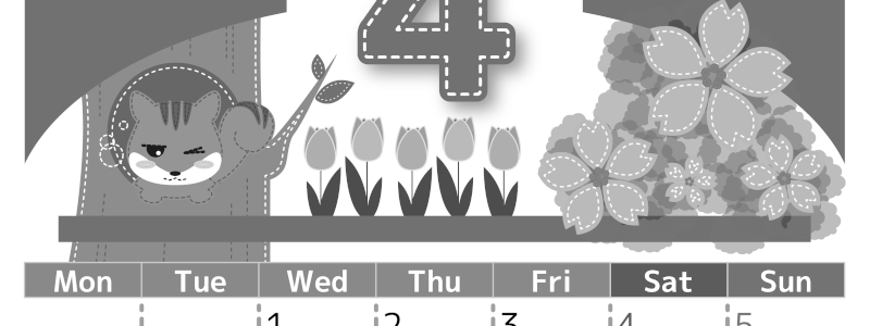 2026年4月縦型モノクロの月曜始まり リスのイラストがかわいいA4無料白黒カレンダー(2026-00490411)