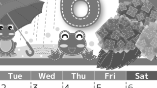 2026年6月縦型モノクロの月曜始まり アマガエルイラストのかわいいA4無料白黒カレンダー(2026-00490611)