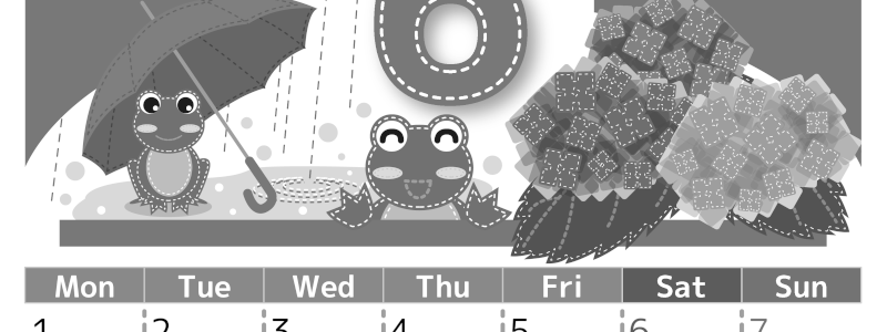 2026年6月縦型モノクロの月曜始まり アマガエルイラストのかわいいA4無料白黒カレンダー(2026-00490611)