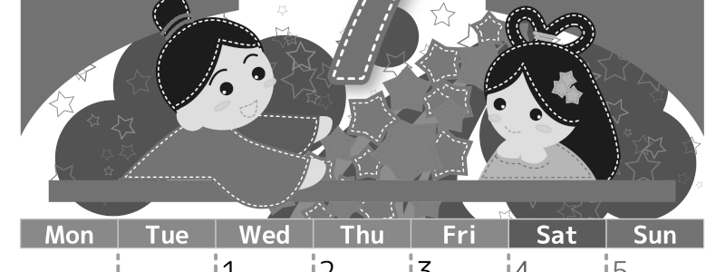 2026年7月縦型モノクロの月曜始まり 織姫と彦星イラストのかわいいA4無料白黒カレンダー(2026-00490711)