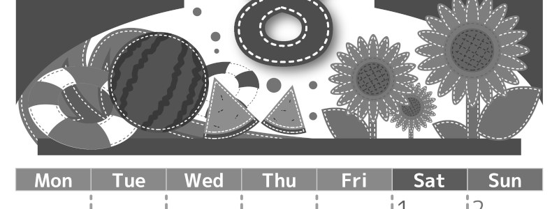 2026年8月縦型モノクロの月曜始まり 夏休みイラストのかわいいA4無料白黒カレンダー(2026-00490811)