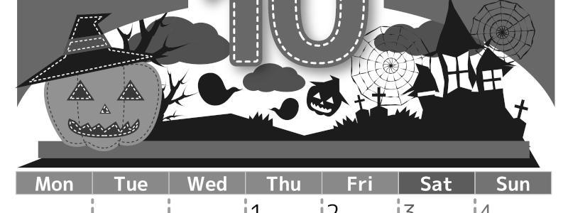 2026年10月縦型モノクロの月曜始まり シルエットイラストのかわいいA4無料白黒カレンダー(2026-00491011)