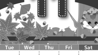 2026年11月縦型モノクロの月曜始まり 紅葉イラストのかわいいA4無料白黒カレンダー(2026-00491111)