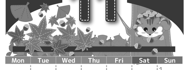 2026年11月縦型モノクロの月曜始まり 紅葉イラストのかわいいA4無料白黒カレンダー(2026-00491111)