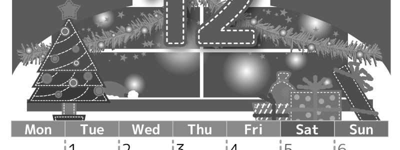 2026年12月縦型モノクロの月曜始まり クリスマスの夜イラストのかわいいA4無料白黒カレンダー(2026-00491211)