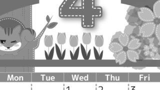 2026年4月縦型モノクロの日曜始まり リスのイラストがかわいいA4無料白黒カレンダー(2026-00490410)