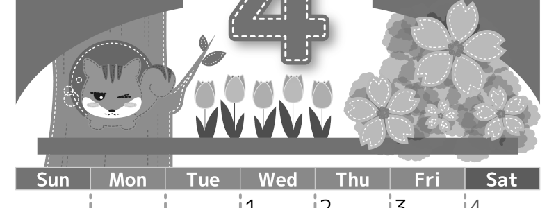 2026年4月縦型モノクロの日曜始まり リスのイラストがかわいいA4無料白黒カレンダー(2026-00490410)