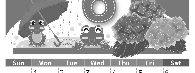 2026年6月縦型モノクロの日曜始まり アマガエルイラストのかわいいA4無料白黒カレンダー(2026-00490610)