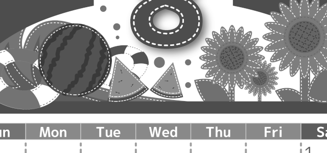 2026年8月縦型モノクロの日曜始まり 夏休みイラストのかわいいA4無料白黒カレンダー(2026-00490810)