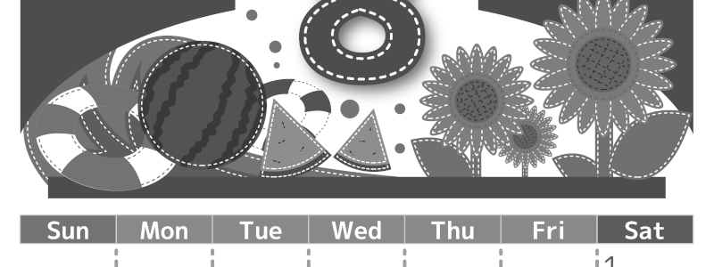 2026年8月縦型モノクロの日曜始まり 夏休みイラストのかわいいA4無料白黒カレンダー(2026-00490810)