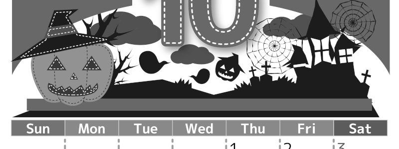 2026年10月縦型モノクロの日曜始まり シルエットイラストのかわいいA4無料白黒カレンダー(2026-00491010)