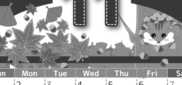 2026年11月縦型モノクロの日曜始まり 紅葉イラストのかわいいA4無料白黒カレンダー(2026-00491110)