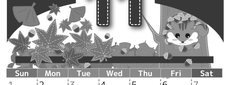 2026年11月縦型モノクロの日曜始まり 紅葉イラストのかわいいA4無料白黒カレンダー(2026-00491110)