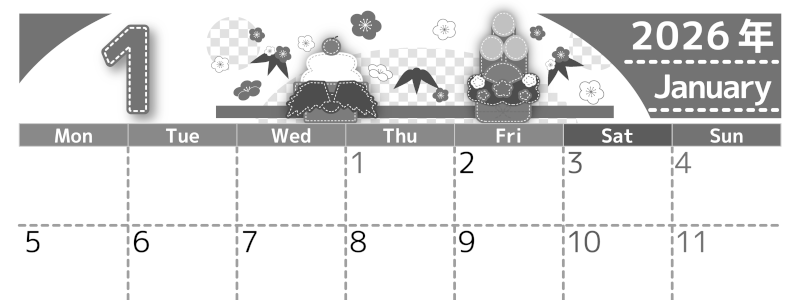 2026年1月横型モノクロの月曜始まり イラストのかわいいA4無料白黒カレンダー(2026-00490101)