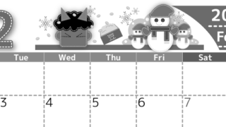 2026年2月横型モノクロの月曜始まり イラストのかわいいA4無料白黒カレンダー(2026-00490201)