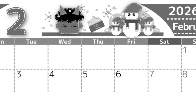 2026年2月横型モノクロの月曜始まり イラストのかわいいA4無料白黒カレンダー(2026-00490201)