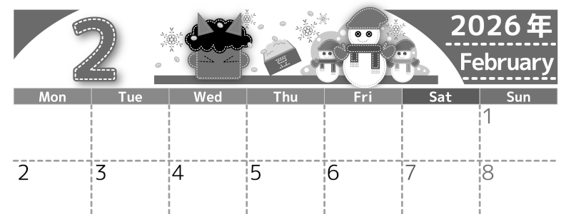 2026年2月横型モノクロの月曜始まり イラストのかわいいA4無料白黒カレンダー(2026-00490201)