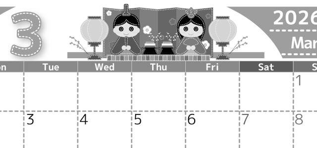 2026年3月横型モノクロの月曜始まり イラストのかわいいA4無料白黒カレンダー(2026-00490301)