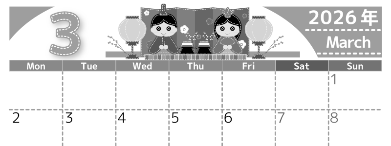 2026年3月横型モノクロの月曜始まり イラストのかわいいA4無料白黒カレンダー(2026-00490301)