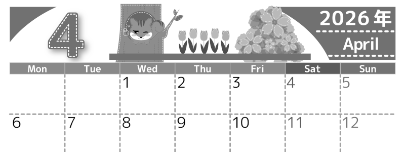 2026年4月横型モノクロの月曜始まり リスのイラストがかわいいA4無料白黒カレンダー(2026-00490401)