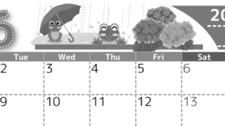 2026年6月横型モノクロの月曜始まり アマガエルイラストのかわいいA4無料白黒カレンダー(2026-00490601)