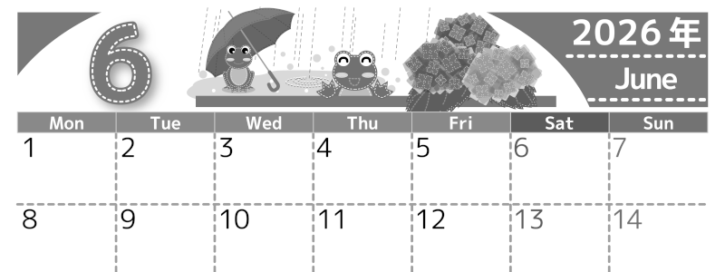 2026年6月横型モノクロの月曜始まり アマガエルイラストのかわいいA4無料白黒カレンダー(2026-00490601)