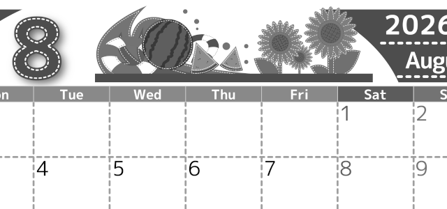2026年8月横型モノクロの月曜始まり 夏休みイラストのかわいいA4無料白黒カレンダー(2026-00490801)