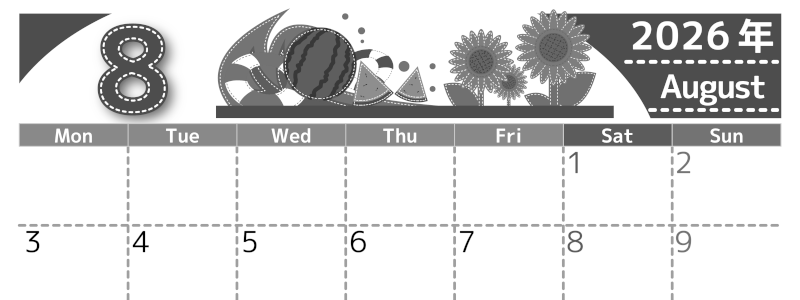 2026年8月横型モノクロの月曜始まり 夏休みイラストのかわいいA4無料白黒カレンダー(2026-00490801)