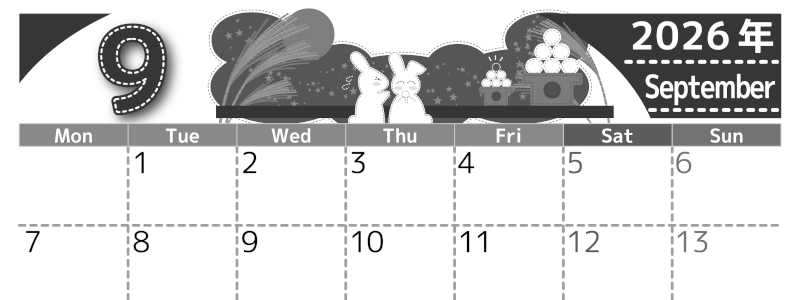 2026年9月横型モノクロの月曜始まり 白うさぎイラストのかわいいA4無料白黒カレンダー(2026-00490901)