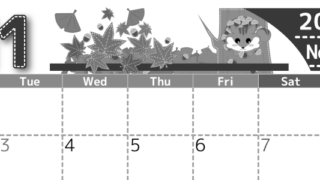 2026年11月横型モノクロの月曜始まり 紅葉イラストのかわいいA4無料白黒カレンダー(2026-00491101)