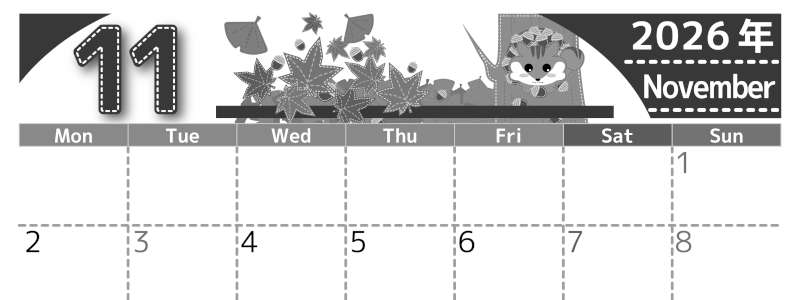 2026年11月横型モノクロの月曜始まり 紅葉イラストのかわいいA4無料白黒カレンダー(2026-00491101)
