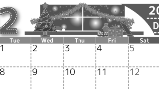 2026年12月横型モノクロの月曜始まり クリスマスの夜イラストのかわいいA4無料白黒カレンダー(2026-00491201)