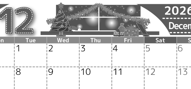 2026年12月横型モノクロの月曜始まり クリスマスの夜イラストのかわいいA4無料白黒カレンダー(2026-00491201)