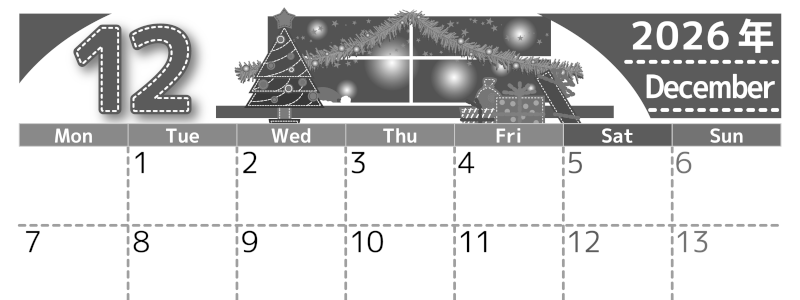 2026年12月横型モノクロの月曜始まり クリスマスの夜イラストのかわいいA4無料白黒カレンダー(2026-00491201)
